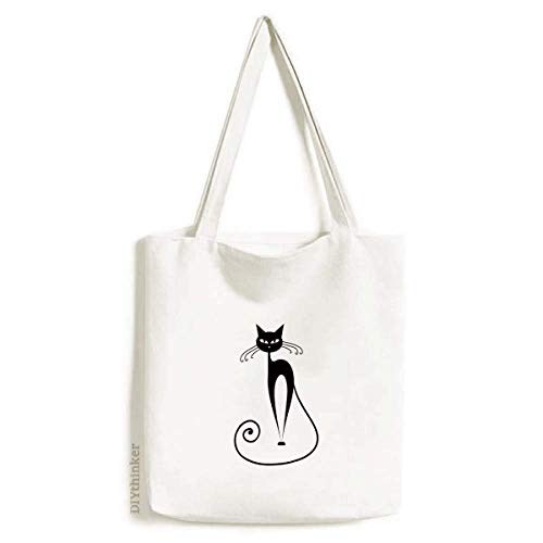 Bolsa de lona com desenho de gato preto cauda longa bolsa de compras casual bolsa de mão