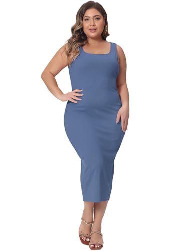 Image of Agnes Orinda Plus Size Dress for Women Summer Sleeveless Square Neck Bodycon Cocktail Sundress Sexy Midi Tank Dress