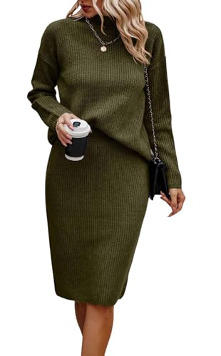 Image of Women 2 Piece Knit Sweater Skirt Set Midi Sweater Dress Long Sleeve Pullover Bodycon Knitted Skirt Set Outfit