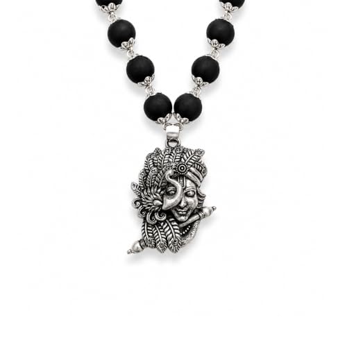 Image of Karungali Malai 8mm Certified with Lord Flute Krishna Pendant Silver Plated | 54 Beads Authentic Black Ebony Wood Mala with German Silver Cap | Spiritual Protection Chain for Men & Women