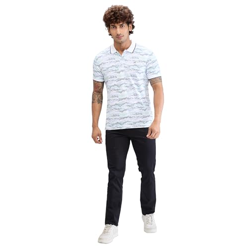 Image of Colorplus Men's Regular Fit Print Pattern Pure Cotton Half Sleeve Polo Neck Casual T-Shirt