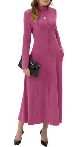 GRECERELLE Vestido Maxi para Mujer con Cuello Alto de Manga Larga Otoño Invierno Elegante Casual Diario Trabajo Cita Descanso Elástico Vestidos Largos para Damas con Bolsillos, Rosa Roja, XXL