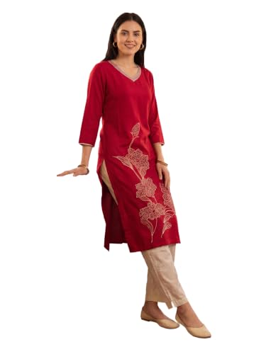 Image of INDO ERA Women Viscose Rayon Straight Fit Straight Floral Embroidered Kurtas