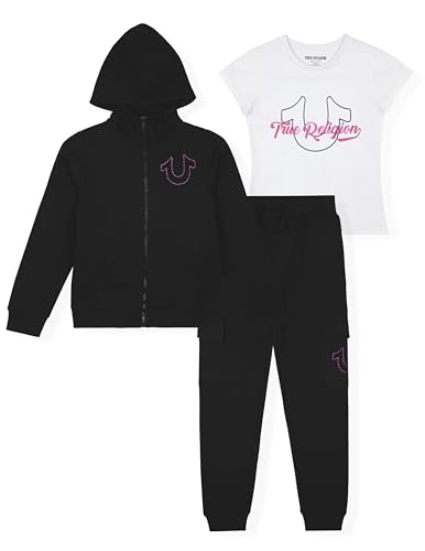 True Religion Girls 3 Piece Fleece Set – Hoodie, Tee Shirt & Jogger/Legging Outfit, Rhinestud & Foil Details (Sizes 4-14)