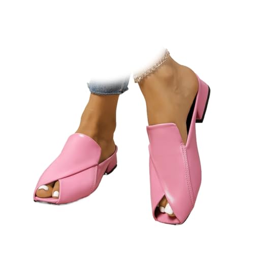 Sandalias elegantes y cómodas de color sólido para mujer, versátiles, para vacaciones, de piel, cuadradas, puntera abierta, tacón bajo, rosa roja, 44 EU