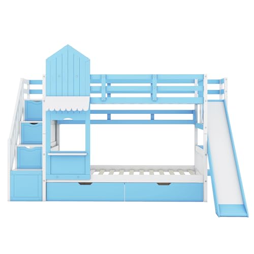 Twin-Over-Twin Bunk Beds Castle Style Bunk Bed with 2 Drawers 3 Shelves and Slide - Blue
