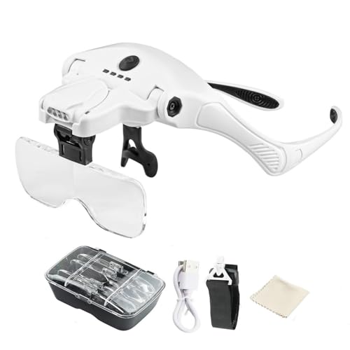 Gafas Lupa con Luz Led Recargable,Gafas Aumento con Luz,5 Lentes Desmontables (1.0X-3.5X),2 Lupas de Brillo Ajustables,Trabajo de Precisión para Reparaciones, Coser, Joyería