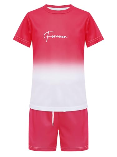 Linjinx Kids Boys Gradient Sports Jersey Football Basketball Athletic Tracksuit Short Sleeve T-Shirt and Shorts Set Red 11-12 Years3