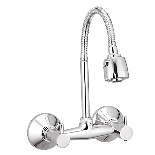 KAMAL Brass Sink Mixer FLT (Hot & Cold Mixer) Two Knobs | Fully Flexible SS 304 Spout with Dual Flow Switch | Shiny Chrome Finish - Silver