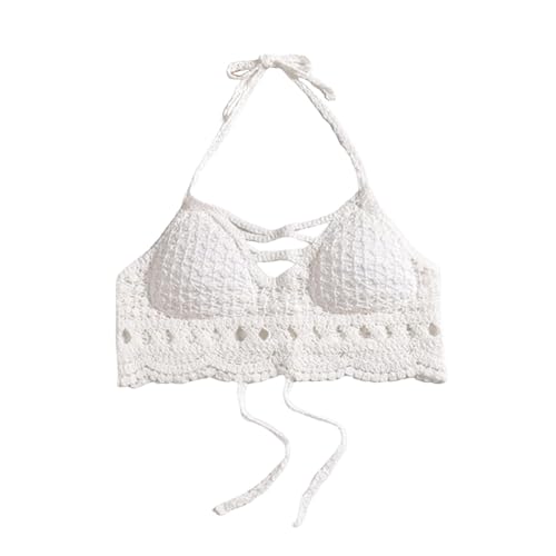 UxicRuya Top de bikini de crochet para mujer, sin espalda, ideal para viajes, fiestas, piscinas, Blanco