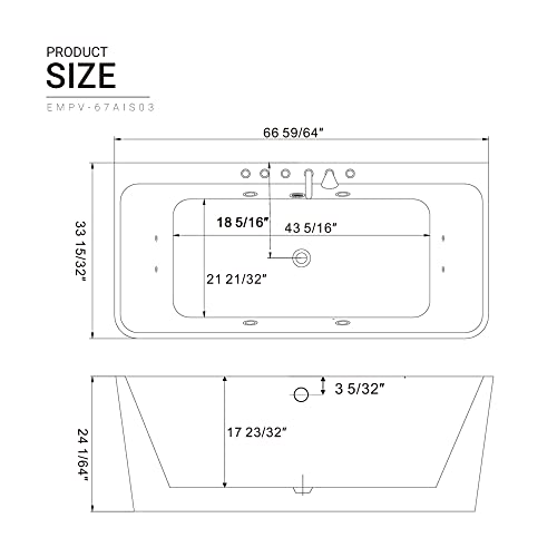 Whirlpool Bathtub 67 In. Acrylic Freestanding Bath Tub Hydromassage Gracefully Rectangle Shaped 8 Water Jets Soaking Spa, Double-Ended Massage Bathtubs With Black Pillows , White #TOP6