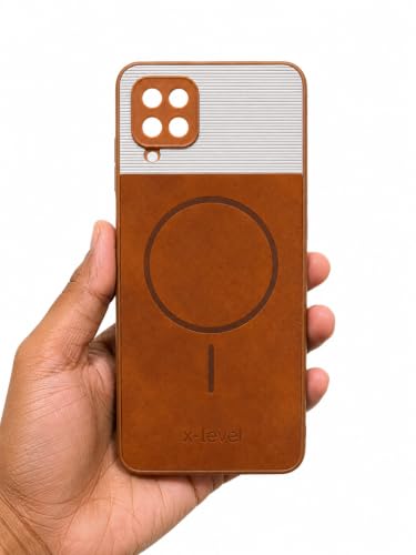 Image of Bintage Mac Safe Design Hard Slim Back Case | Soft Border Camera Protect | Dual PU Leather Finish Back Cover Compatible for Samsung Galaxy A12 (4G) - White & Brown
