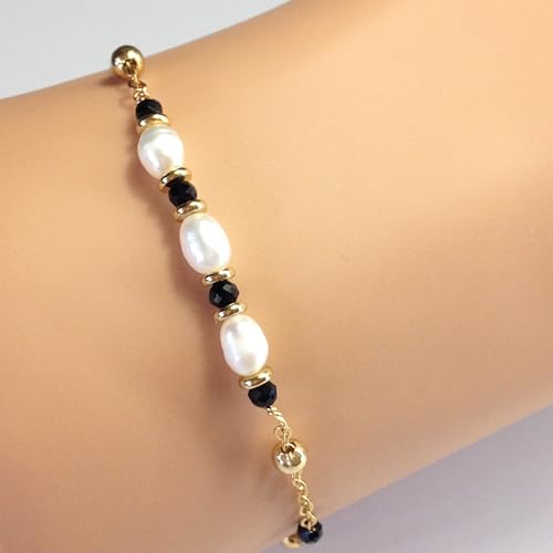 Gold Chain Pearl Bracelet For Women Dainty White Pearl & Black Spinel Beads Stackable Adjustable Length 6.5-8.5 inches Non Tarnish Jewelry Gifts for Women3