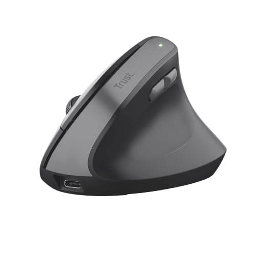 Trust Yuno Ratón Vertical Inalámbrico, Ratón Ergonómico Recargable 2.4GHz, Reducir la Tensión en Brazos y Muñecas, 800-2400 dpi, 70% Plástico Reciclado, PC Portátil Mac - Negro