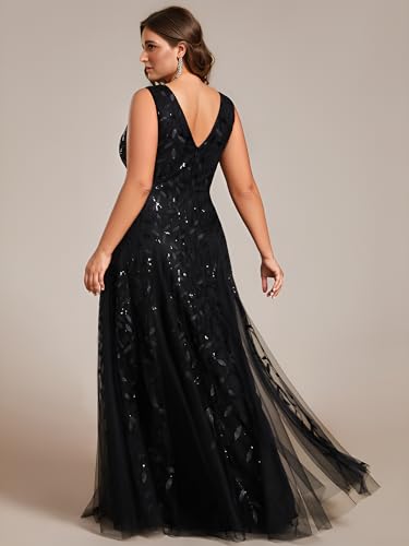 Ever-Pretty Women's Floor Length V Neck Backless A-line Sleeveless Tulle Sequin Emboridery Plus Size Formal Dresses2
