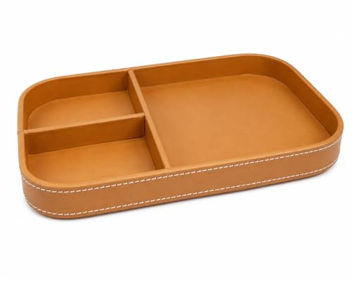 Image of Valet Tray Organizer, Premium Vegan Leather, Multi-Compartment Design, Versatile Desk & Dresser Tray, Tan, 10 x 8 x 1.5 in