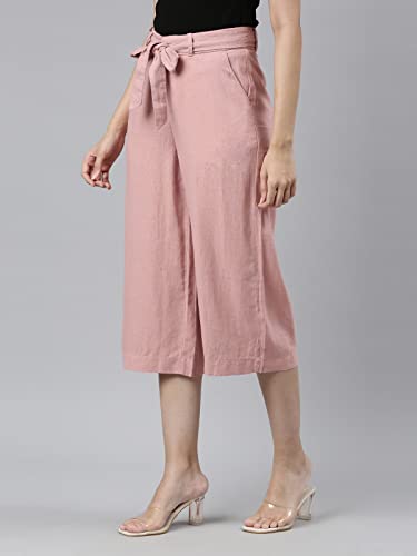 Image of GO COLORS Solid Linen Culottes for Women | High Rise, Side Pockets, Front tie-up