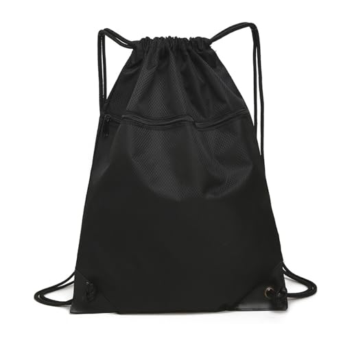 StilvollMao Drawstring Backpack, Gym Sackpack String Bag Drawstring Bag with Zip Pocket for Sports, Gym, Swimming (Black)