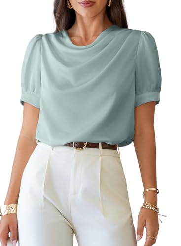 Dokotoo Blouses for Women Dressy Casual Summer Tops Trendy 2026 Office Spring Outfits Sky Blue Blouse Cute Cowl Neck Short Sleeve Satin Work Clothes Small