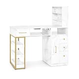 Barberpub Mesa de manicura con 4 cajones, 2 estantes, 5 estantes y 1 armario extraíble, mesa de uñas con aspiradora, 2 bolsas para aspiradora, mesa de salón de belleza, 55 x 112 x 123 cm, 2439