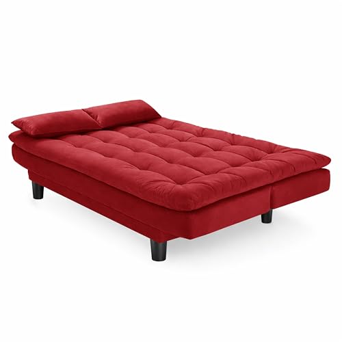Image of Modern 3 Seater Sofa Cum Bed with Cushions, Foldable Convertible Couch, Velvet Fabric Sleeper Sofa for Living Room, Guest Room, Red
