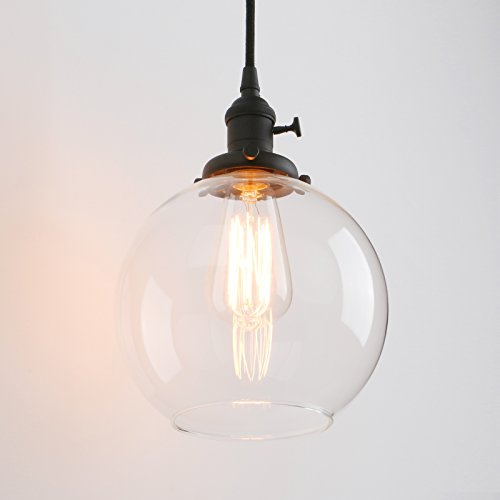 Permo 1-Light Vintage Industrial Clear Glass Hanging Pendant Light With 7.9" Globe Round Shade (Black) #TOP3