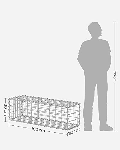 SONGMICS Gabion Basket, Metal Gabion Cage with 5 x 10 cm Mesh for Stones, Galvanised, Garden Decor Wall Partition, 100 x 30 x 30 cm, Silver GGB133