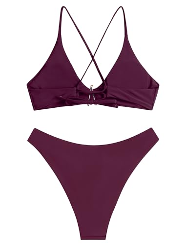 Image of ZAFUL Women's Tie Back Padded High Cut Bralette Bikini Set Two Piece Swimsuit