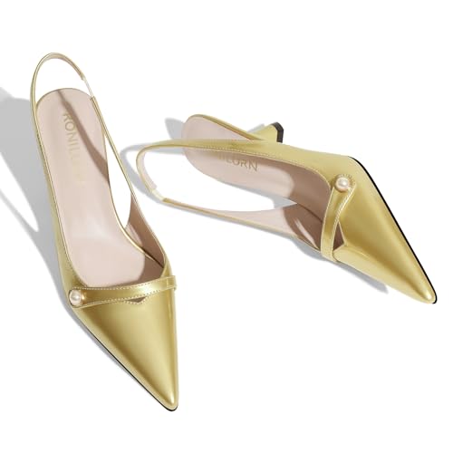 Image of Women Kitten Heels Slingback Low Heel Pumps Dress Shoes for Women Closed Pointed Toe Pearl Heels for Work Wedding Bridal