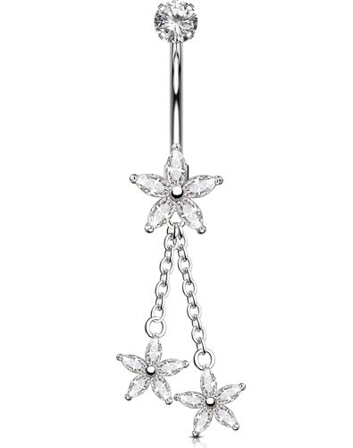 OUFER 14G Flower Dangle Belly Button Ring 316L Surgical Stainless Steel CZ Navel Ring Silver Hypoallergenic Body Jewelry for Women