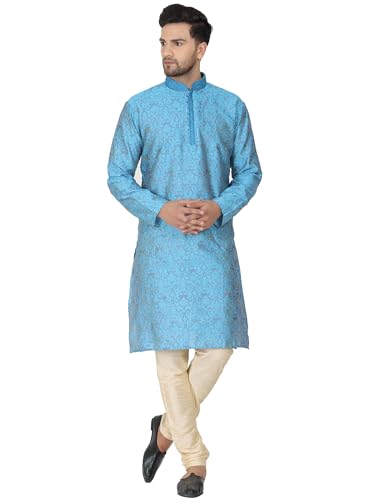 Image of Men's Jacquard Silk Embroidered Kurta Pyjama Set Paisley Thread Work Festive Party Dress