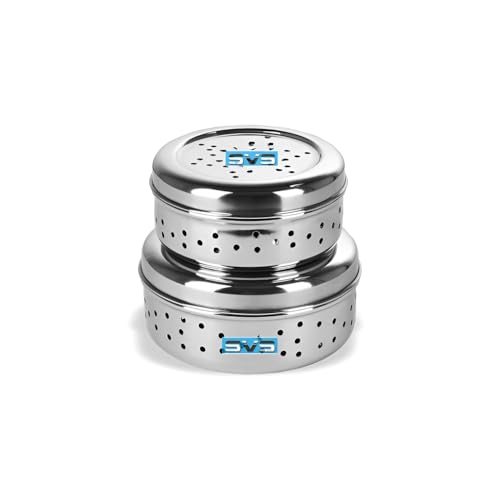 Image of Stainless Steel Green Coriander Storage Box Curry Leaves Box Set, Sprouts with air Ventilation Food containers Silver Dabba Flat Box Steel Dabba (Dhaniya 400 & 600 ML)