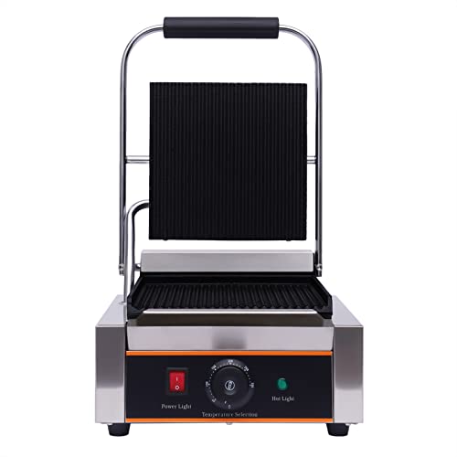 Yolancity Elektro Kontaktgrill 1800W Profi Edelstahl Panini Maker Sandwichtoaster Multigrill Geriffelt Gusseisen Grillplatte für Sandwiches, Steak und als Panini Grill, Temperaturbereich 0-300℃