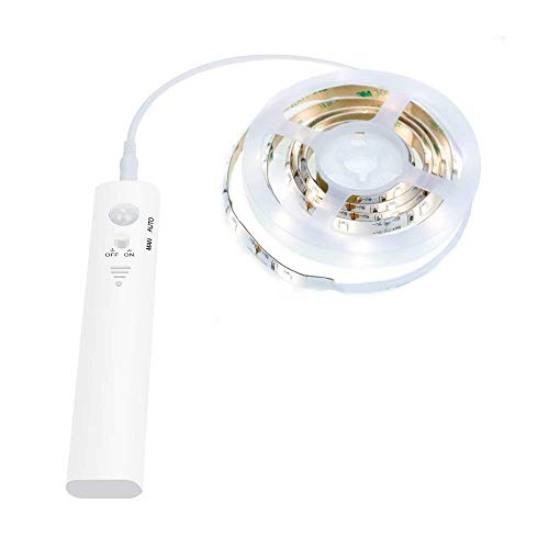 Motion Sensor Wardrobe Light, 2M LED Strip Closet Lights, PIR Auto on/Off, Battery Powered Warm White for Bedside, Bathroom, Closet, Cabinet, Kitchen, Stairway
