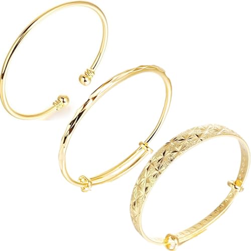 3pcs 18k Yellow Gold Plated Classical Diamond Cut Adjustable Bangle Set Bracelet for Women