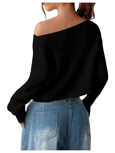 Verdusa Women's Off Shoulder Long Sleeve Sweater Y2K Cold Shoulder Sweaters Knit Fitted Pullover Top2