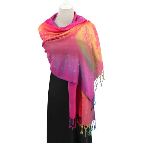 Colorful Pashmina Scarf and Shawls Soft Rave Wraps Jacquard Silk Satin Rainbow Scarf with Tassels Scarves4
