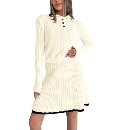 Image of chouyatou Women's Cable Knit 2 Piece Outfits Long Sleeve Polo Sweater and Elastic Waist Pleated Mini Skirt Sets