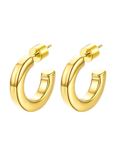 Image of Stainless Steel Chunky Hoop Earrings For Women, Minimalist and Chic, Black /Gold Plated, Round Hoops Earrings Hypoallergenic, Size: 30mm /40mm /60mm /80mm, Come with Box