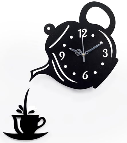 Image of cozyloom Tea Time Theme Wooden Wall Clock | Creative Teapot & Cup Cutout Design | Analog Kitchen Wall Clock for Home, Cafe & Office Decor | Gift Item (Black).