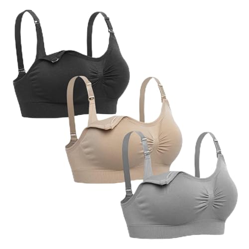 KLKIT Soutien-gorge d'allaitement de grossesse 3 pièces, soutien-gorge d'allaitement sans coutures avec rallonges supplémentaires pour l'allaitement et le sommeil, beige., L