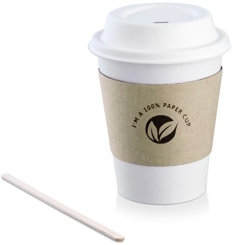 Image of KTOB [100 pack] 12 oz Compostable Coffee Cups with Lids, Kraft Sleeves and Wooden Stirrer Sticks, Eco Friendly Disposable White Paper Cups Combo for Hot Beverage