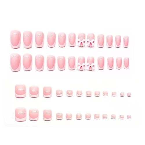 Image of 48 Pcs Square Press on Nails & Press on Toenails Set White French Tip Nail with Bow Design Glue on Nails Artificial Acrylic Full Cover Fake Nails Glossy Stick on Toe Nails for Women Summer Manicure