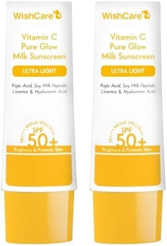 WishCare Vitamin C Glow Milk Sunscreen SPF 50 PA++++, Broad Spectrum Lightweight Formula, Suitable Dry Oily Types, 50g Pack of 2