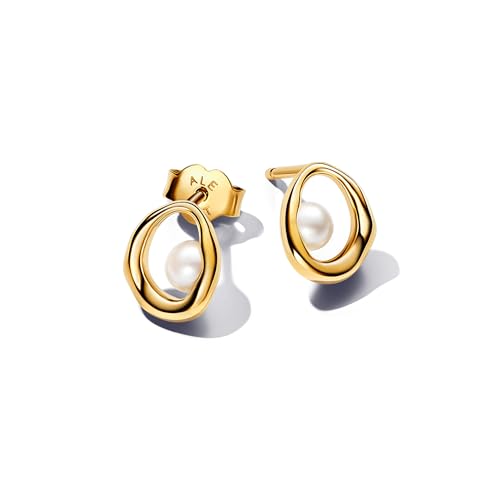 PANDORA Essence Orecchini a bottone placcati in oro 14k con perla coltivata d'acqua dolce trattata bianca, Small Circular Orecchini a bottone
