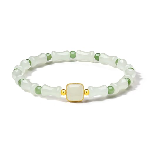 24K Solid Gold Green Jade Bamboo Bracelet, Pure Gold Elastic Green Jade Bead Bracelet, Stretchable Real Gold Green Jade Bead Bracelet for Women Girlfriend Y1912405