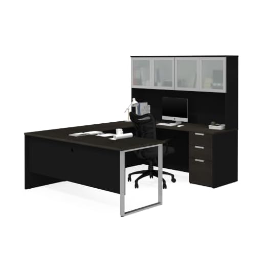 Bestar Pro-Concept Plus U-Shaped Executive Desk with Pedestal and Frosted Glass Doors Hutch, Deep Grey & Black