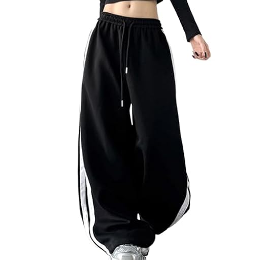 Pantalones de chándal Y2K para mujer, holgados, con rayas laterales, elásticos, cintura baja, con cordón, pierna ancha, pantalones de deporte, ropa de calle, hip hop, pantalones cargo de moda, O negro | Ya disponible en tu tienda friki favorita! En mundofriki.es!