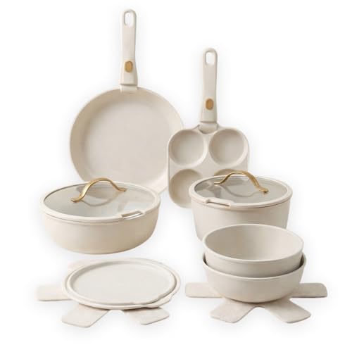GOURMETIFIC Golden Handles Pots and Pans Cookware Set [16 PIECES] - Non Toxic Ceramic Coated Cooking Ware - Induction Gas & Oven Kitchenware - Non Stick Pot & Pan (Cream & Gold)