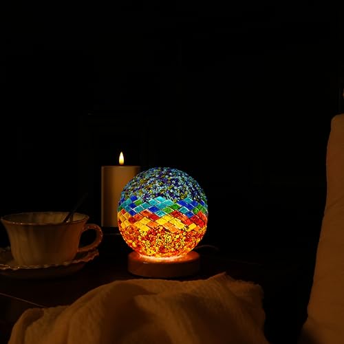 Turkish Table lamp (D:4.7" x H:5.2"),Mosaic Glass Lamps with Wooden Base, Bohemian Tiffany Bedside Lamps, USB Power Moroccan Lantern for Living Room Decorations (Mediterranean - Blue, Mediterranean)